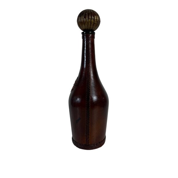 Decorative Leather Wrapped Bottle Decanter Brown Ornate Crest Vintage Home Decor - Picture 15 of 16